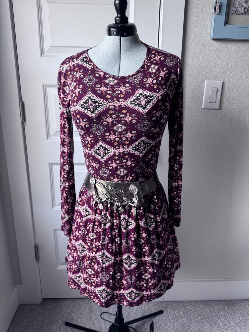 EARTHBOUND Maroon Geometric Long-Sleeve Fit-and-Flare Dress